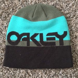 Brown, green and blue beenie